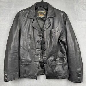 Vintage LEATHERS MASTER Black Genuine‎ Leather Blazer Jacket Womens M Button